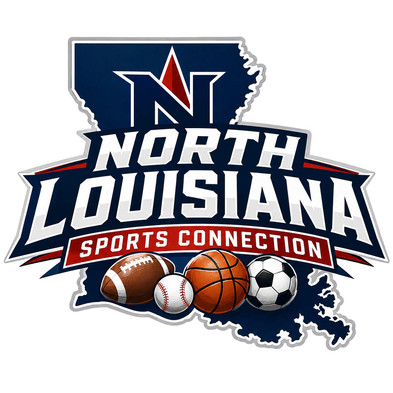 North Louisiana Sports Connection logo featuring state outline, bold typography, and football, baseball, basketball, and soccer balls.