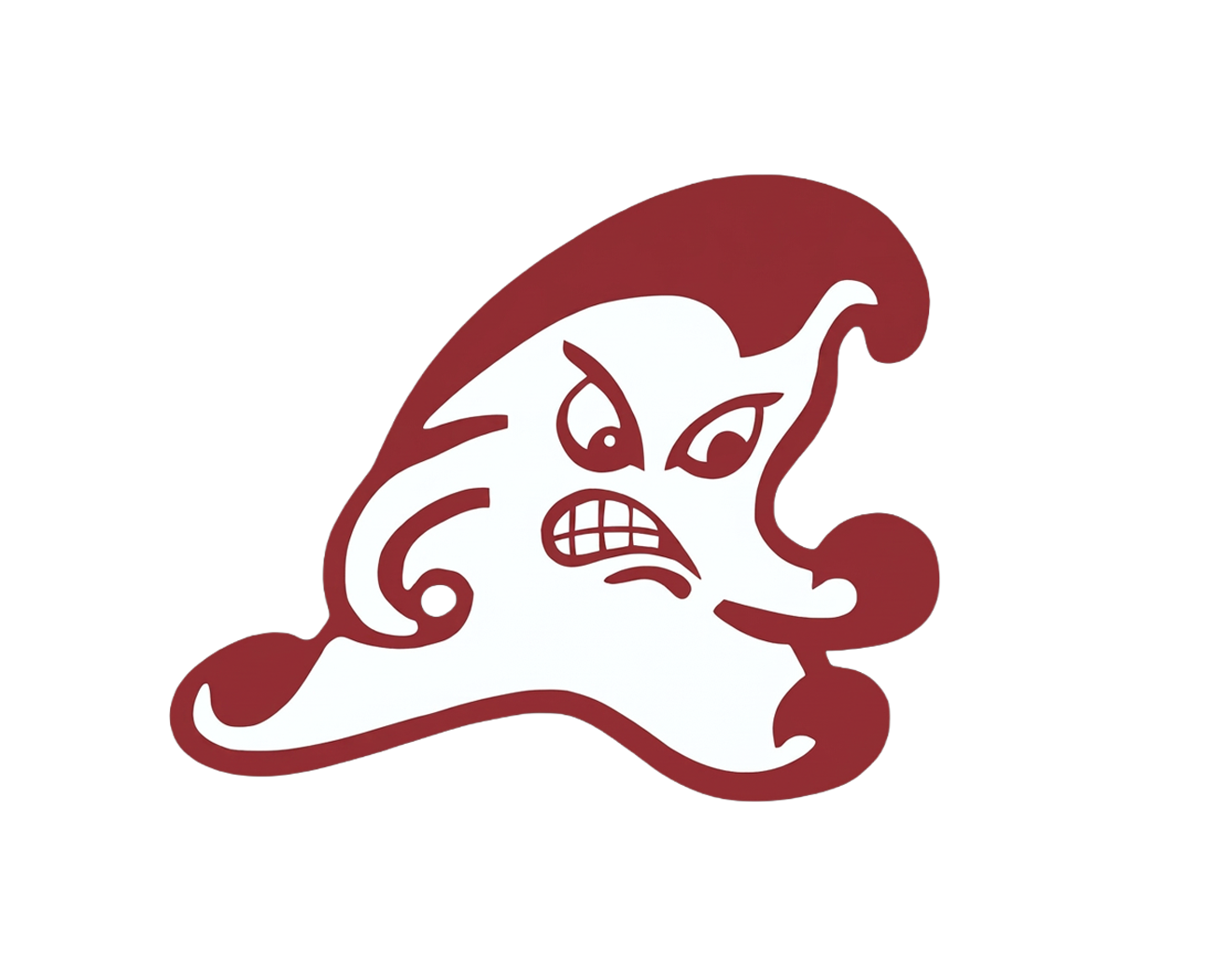 Angry cartoon ghost mascot with dark red outline, fierce expression, and swirling details on white background.