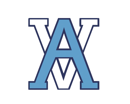Blue and white interlocked AV monogram logo with bold varsity-style lettering and dark navy outline. For Airline High School in Bossier City