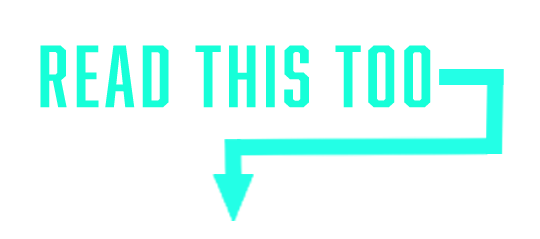 A bright turquoise neon arrow sign pointing downward with text that reads 'READ THIS TOO' in capital letters.
