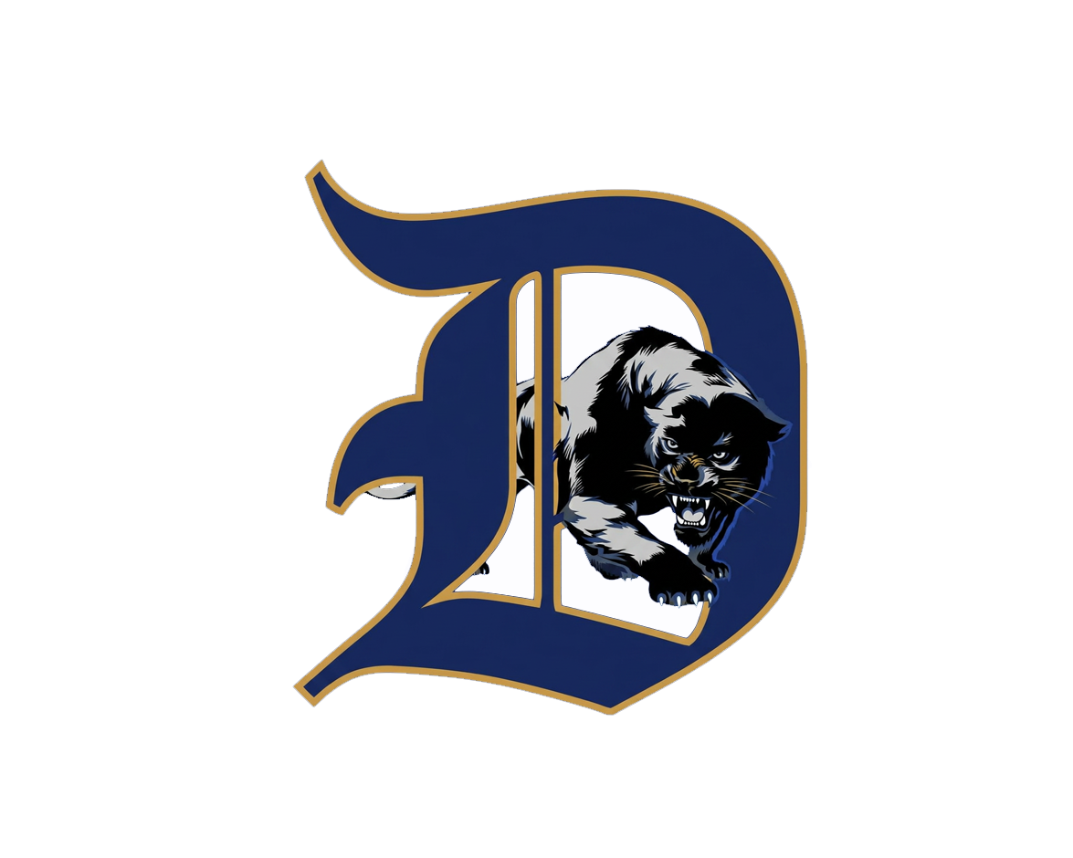 Navy blue old English D logo with a fierce black panther emerging from the letter, outlined in gold.