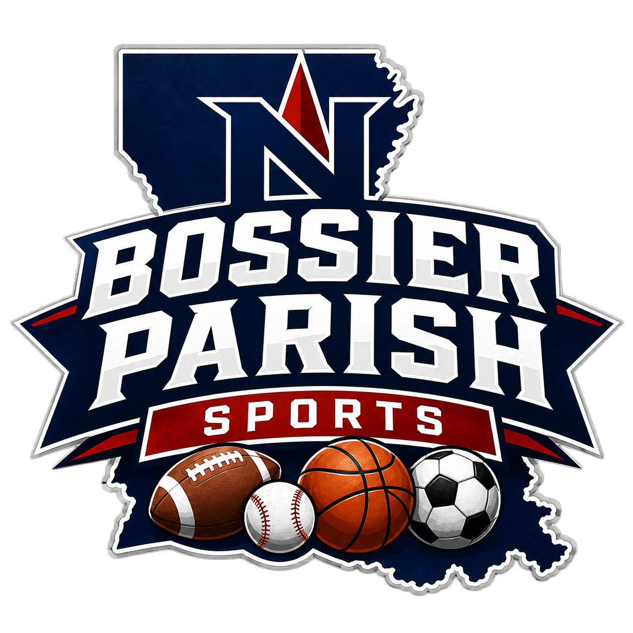 Bossier Parish Sports logo featuring football, baseball, basketball, and soccer ball on Louisiana state outline.