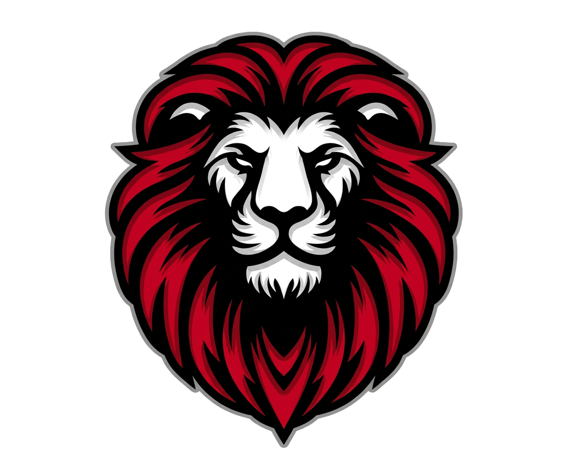 Bold red and black lion head mascot logo with fierce expression, perfect for sports teams and branding.