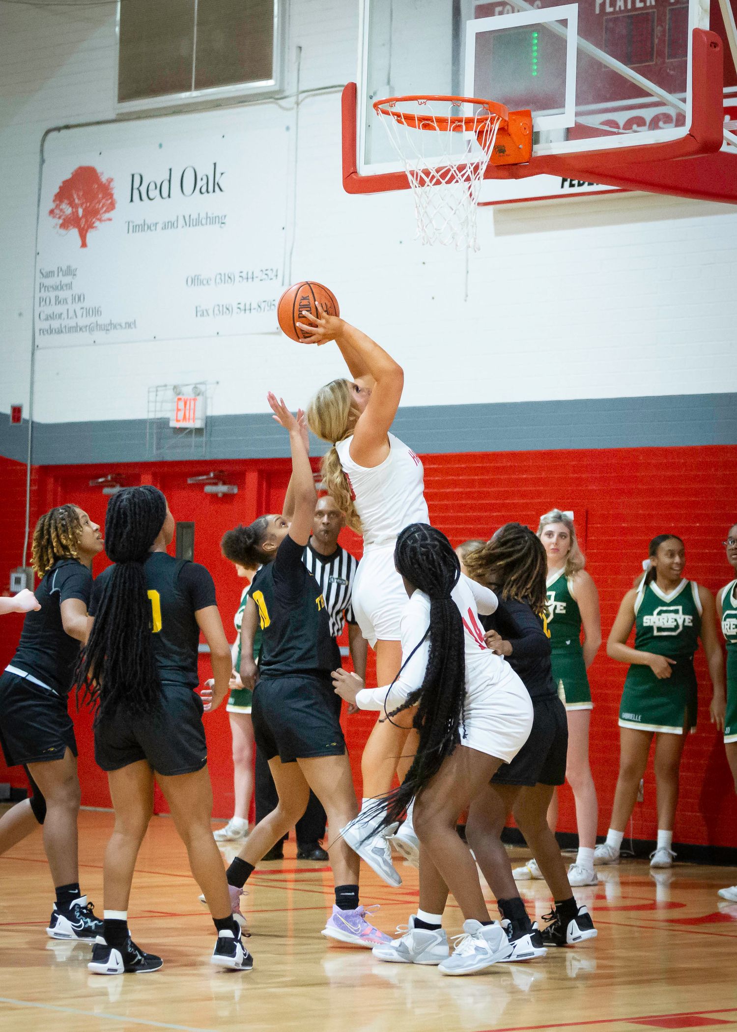 Basketball players in dark uniforms stretch in a line along a gym wall with red and white painted sections.