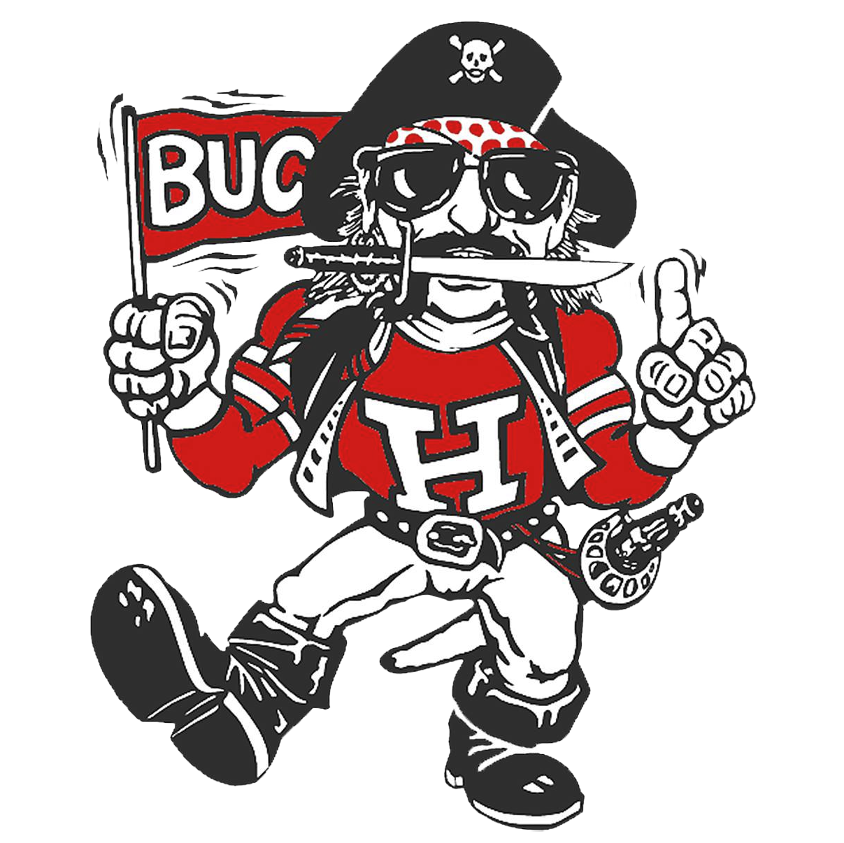 Vintage Buccaneers pirate mascot cartoon in red and black, holding a flag and giving thumbs up. from Haughton High School in Louisiana