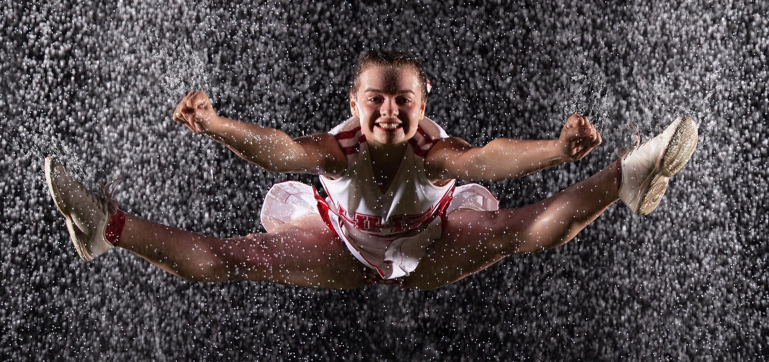 Black and white photo series showing a gymnast performing a split jump sequence on balance beam during competition.
