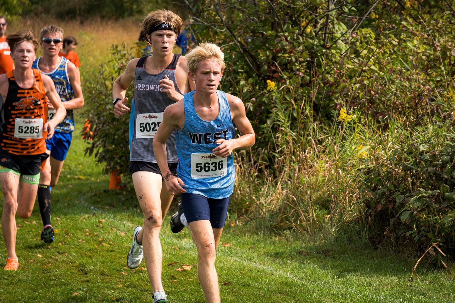 Cross country runners compete on a grassy trail during a fall race.