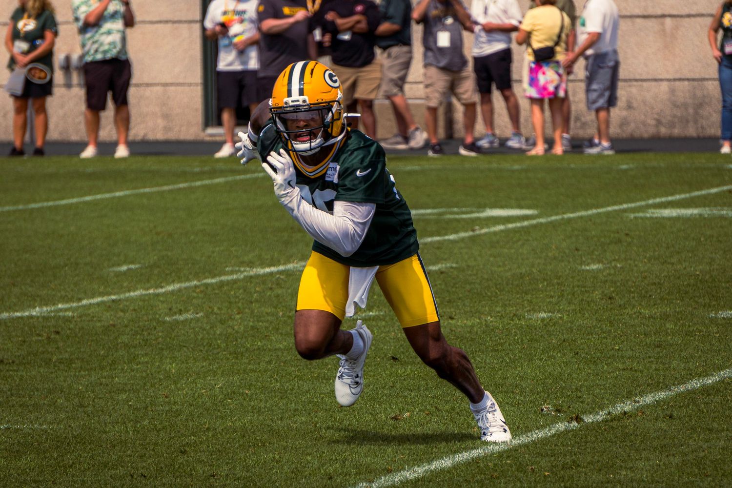 Football players compete on a sunny day during a game on a grass field with spectators watching in the background.