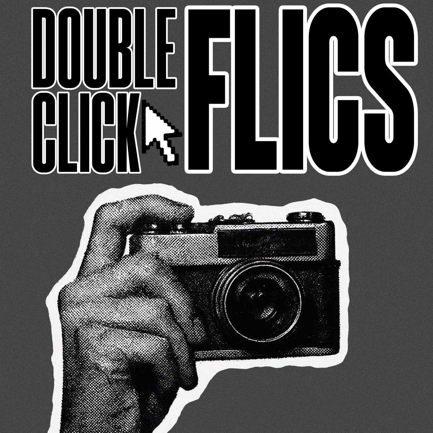 Minimalist black and white banner design with camera icons and text.