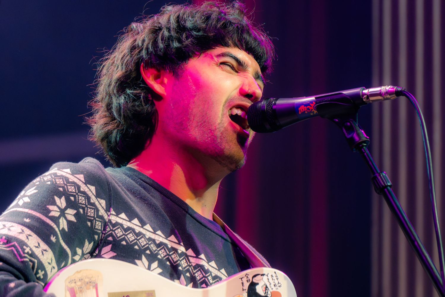 A performer sings passionately into a microphone on stage under dramatic purple and red lighting during a concert performance.