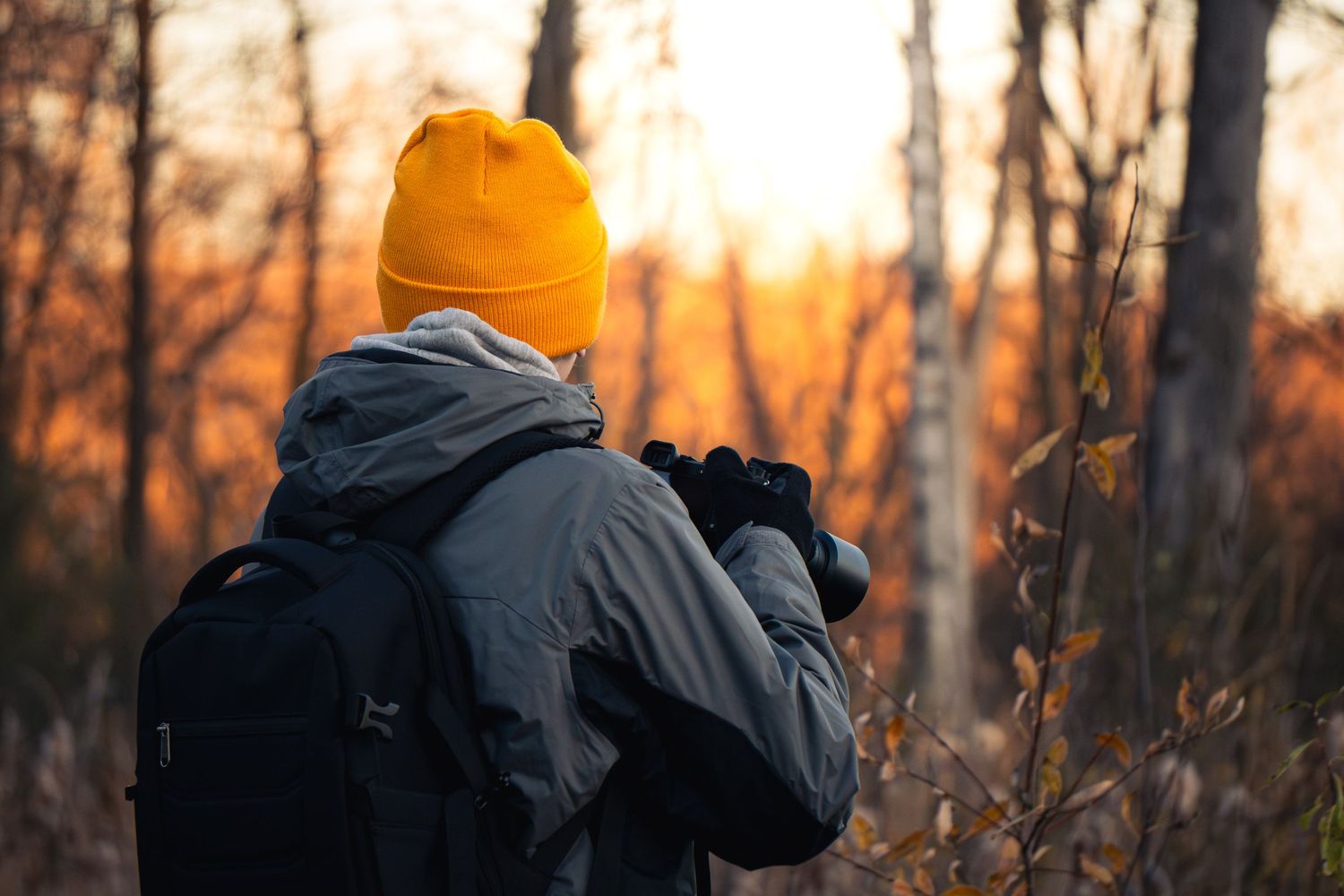 A person wearing a yellow beanie and dark jacket stands in a forest during golden hour sunset.