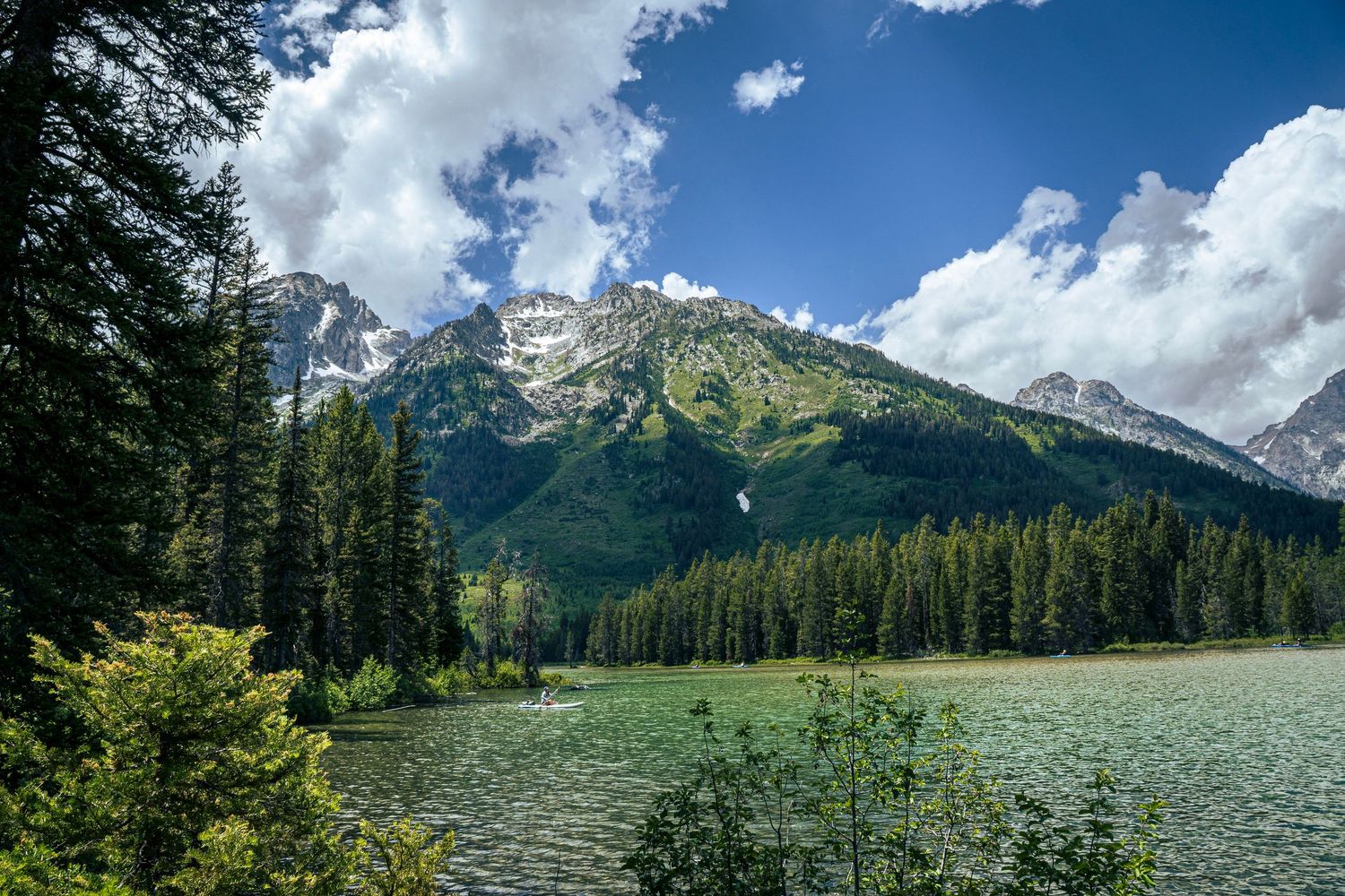 Panoramic mountain landscape with snow-capped peaks, green forest, and dramatic white clouds against blue sky.