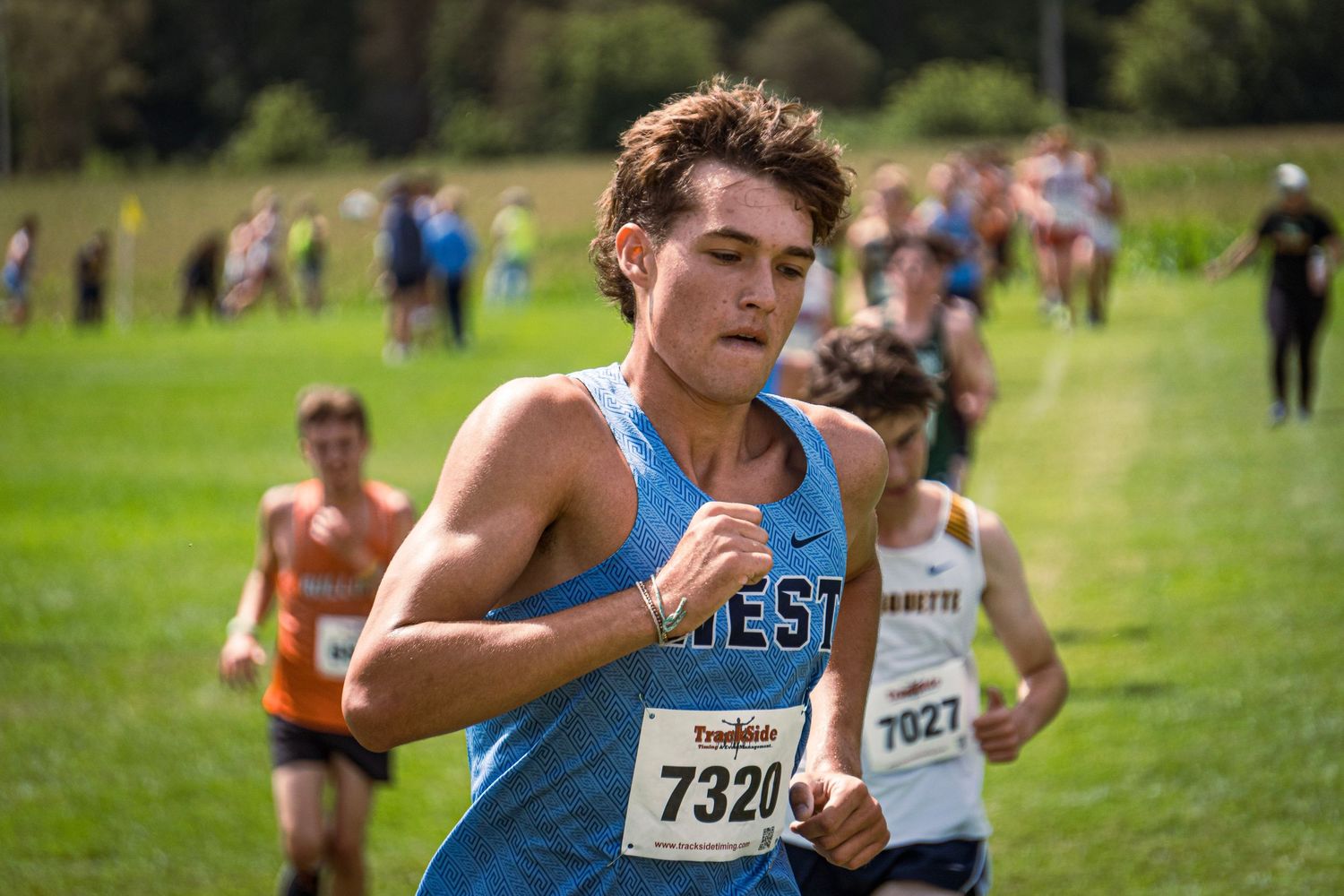 Cross country runners compete on a grassy course during a sunny day competition.