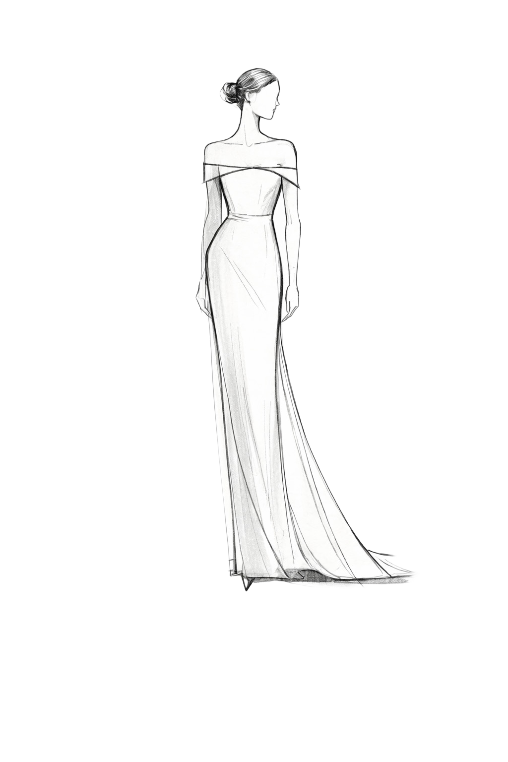 Simple line drawing sketch of an elegant off-shoulder wedding dress with fitted bodice and flowing skirt.