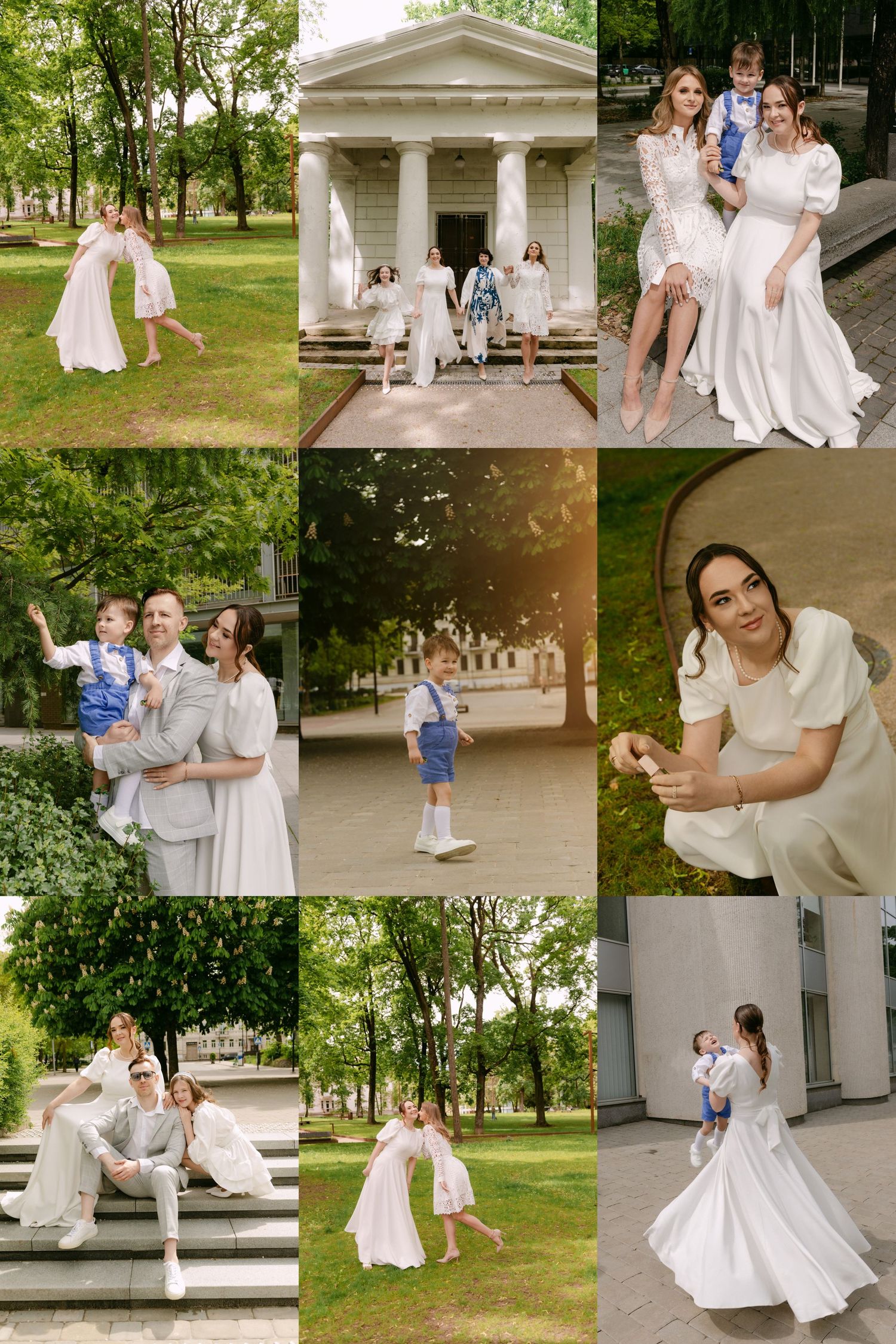 Family photo collage in a park featuring parents in white attire with a baby boy, posing near a classical building.