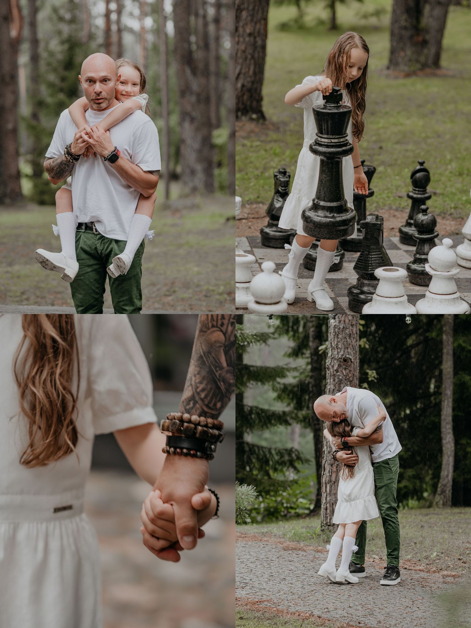 A tattooed man holds a child in a forest, plays giant chess, holds hands, and shares a tender hug outdoors.