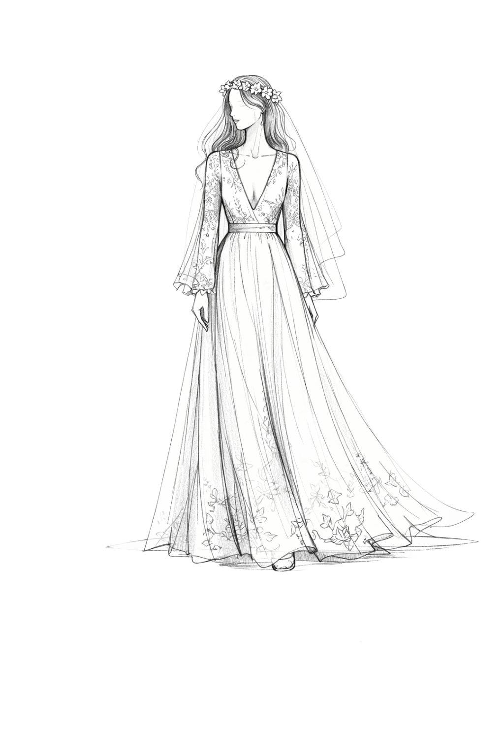 Elegant wedding dress sketch with long sleeves, v-neckline, floral details and flowing skirt adorned with a delicate veil.