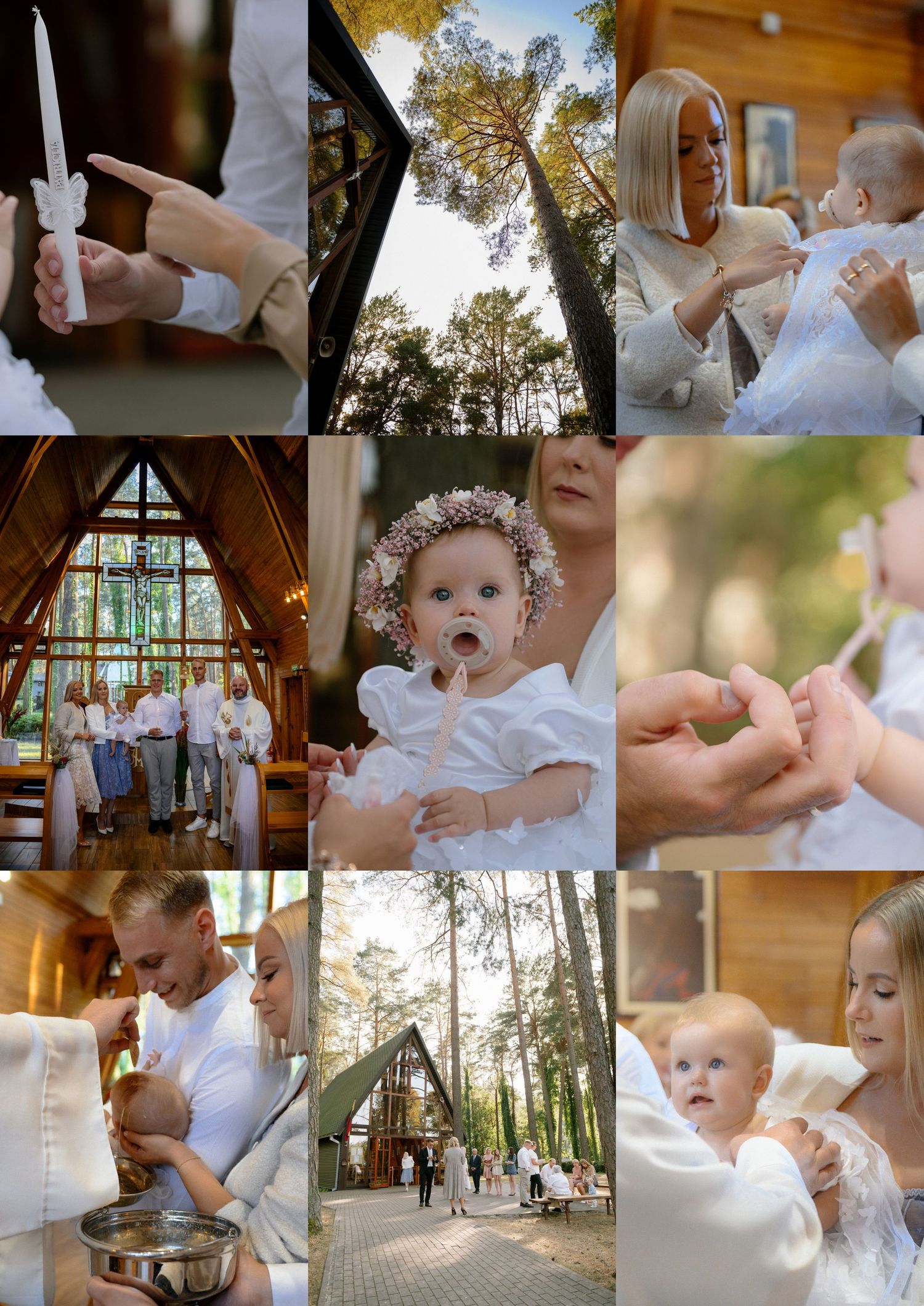 Baptism ceremony collage featuring a baby girl in white dress with floral crown, chapel interior, and family celebration in forest setting.