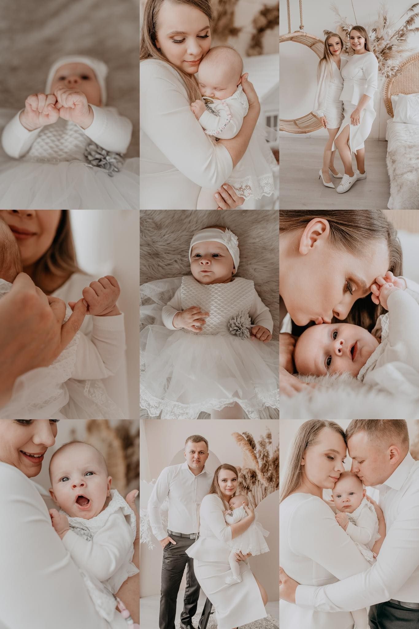 A heartwarming collage of a young family in white outfits, featuring tender moments with a newborn baby girl.