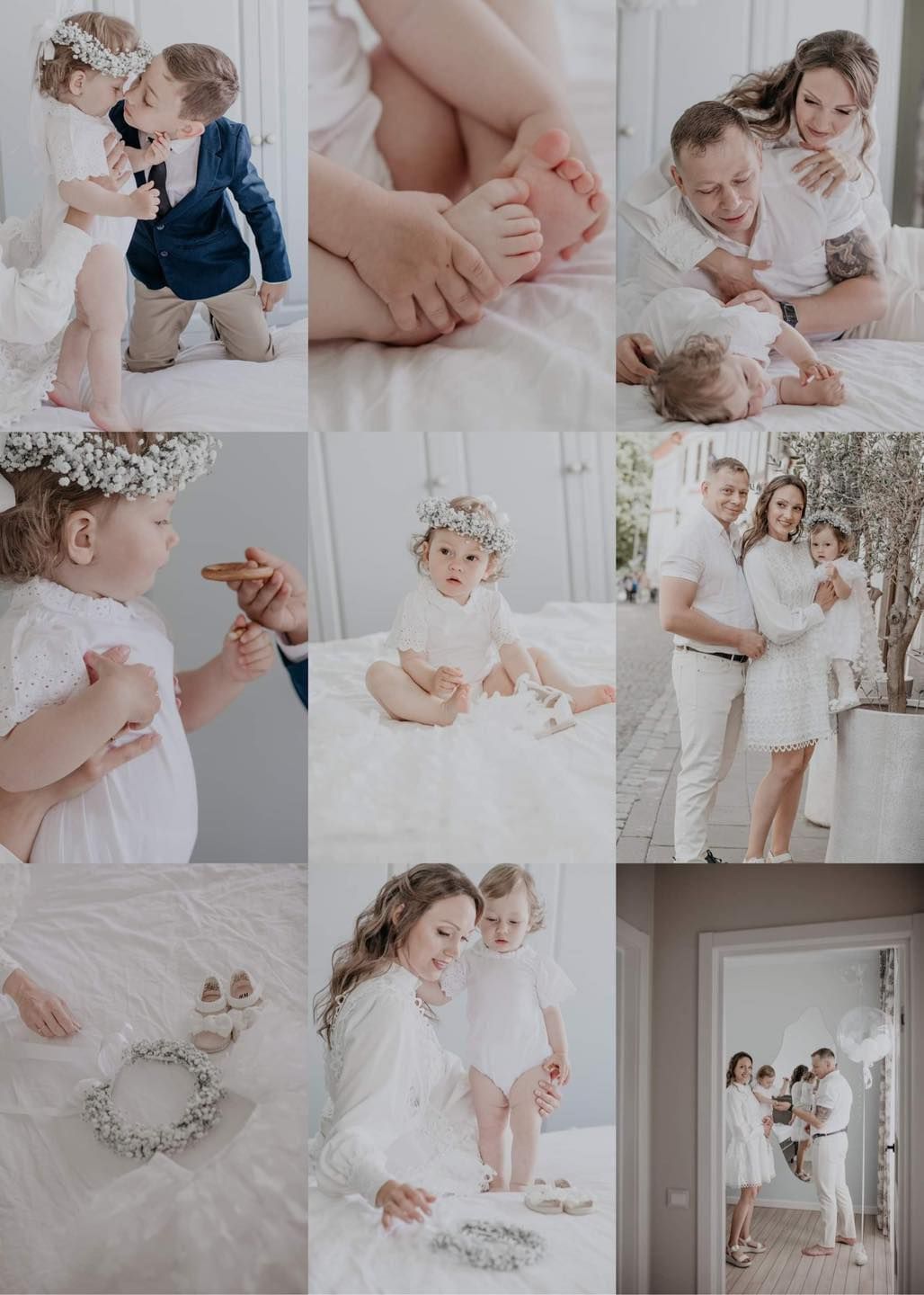A sweet family photo collage featuring a baby in white, loving parents, and tender moments captured in soft, airy tones.