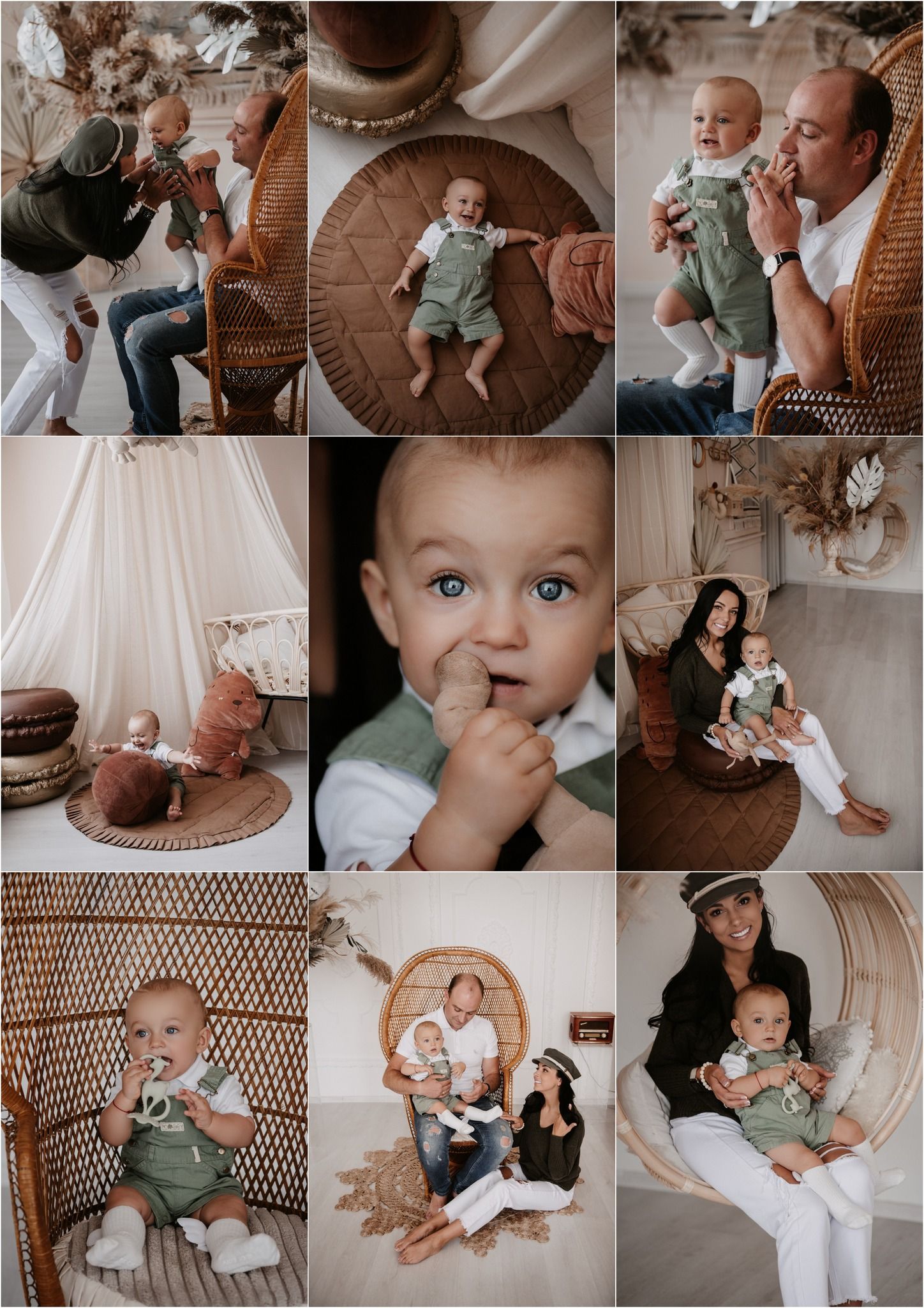 Boho baby photoshoot collage featuring an infant with blue eyes in green overalls with parents in a wicker chair studio setting.