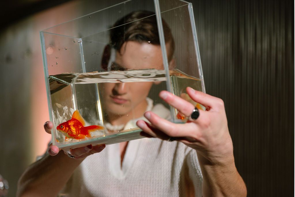 Woman peering through a small glass aquarium tank containing a goldfish.