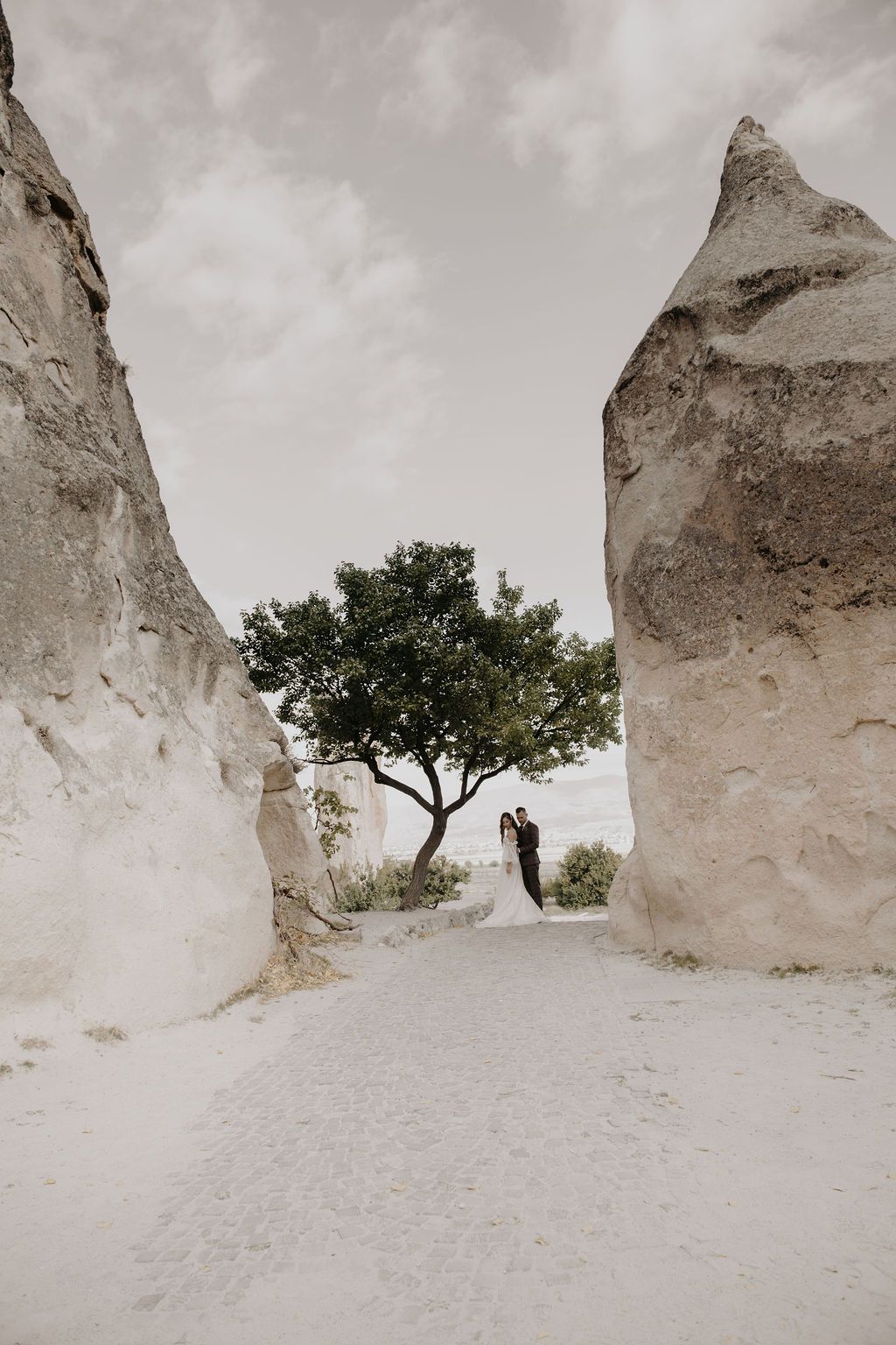 Bride and groom embracing between dramatic rock formations with a lone tree in Cappadocia, Turkey.