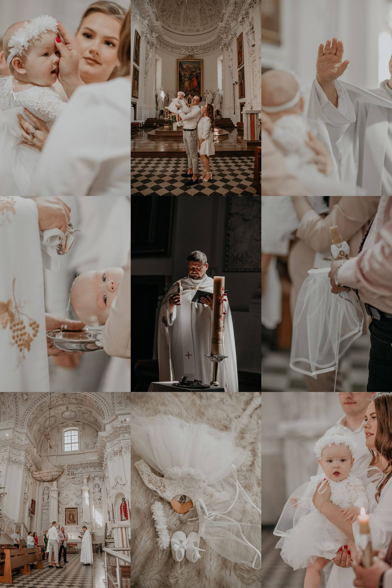 A collage of baptism ceremony photos featuring a baby in white dress, priest, and family in an ornate church.