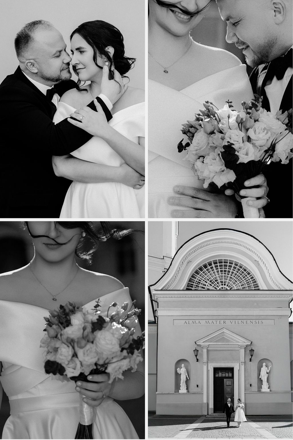 Black and white wedding collage featuring romantic couple portraits and a bride with bouquet outside a classical building.