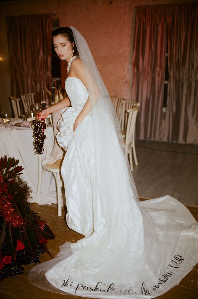 Bride in strapless white ball gown with cathedral veil featuring calligraphy trim, posing at elegant wedding reception.