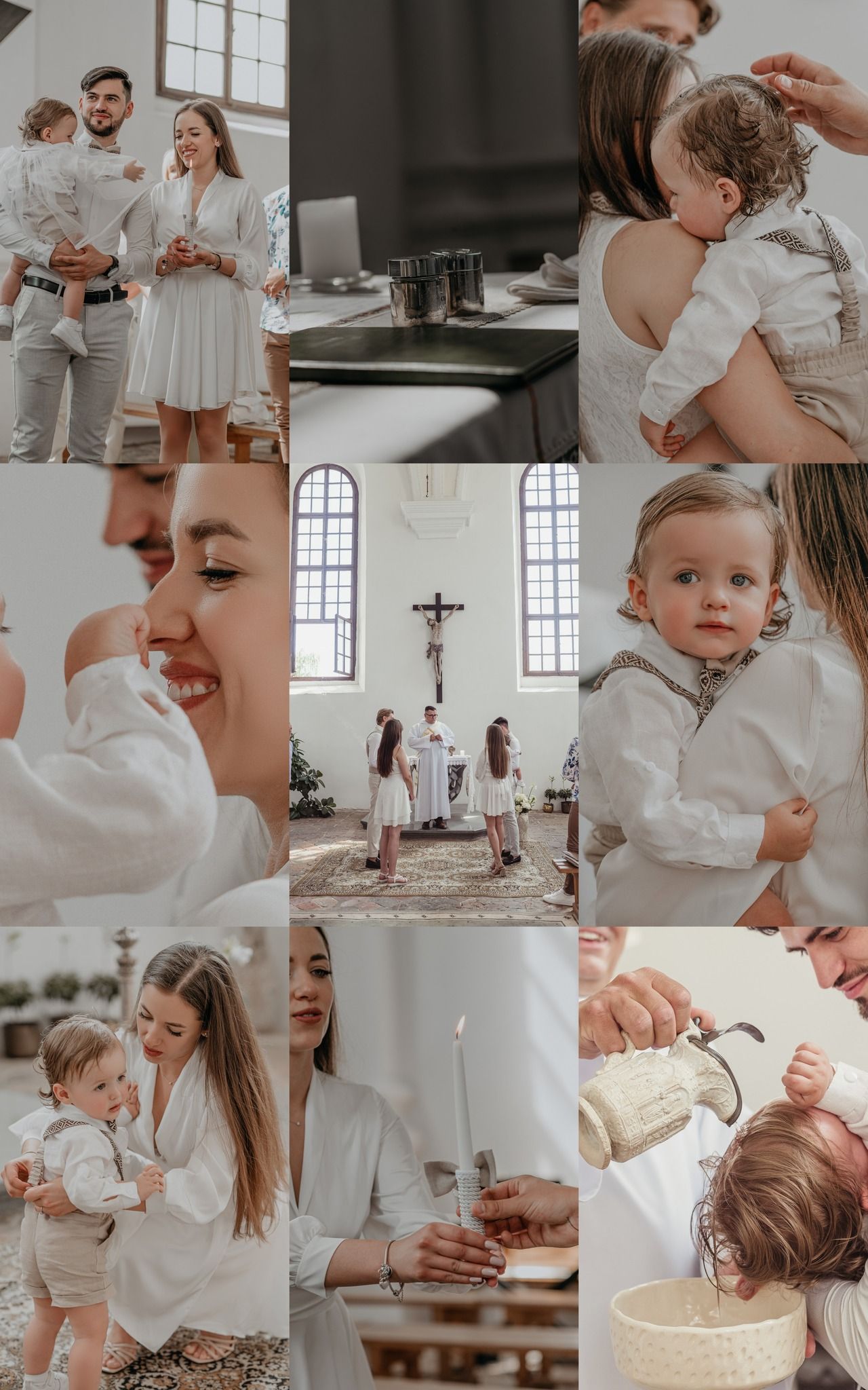 A collage of a baby baptism ceremony featuring a family in white outfits, a church altar, water blessing, and joyful moments.