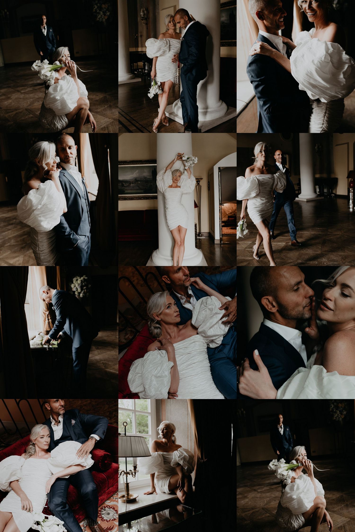 Elegant wedding couple in intimate indoor portraits, bride in white mini dress with groom in navy suit, romantic poses.