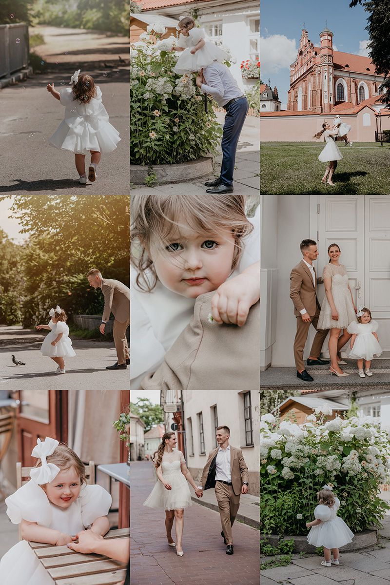 Family enjoying a warm summer day together outside a historic church building with white walls and red roof tiles.