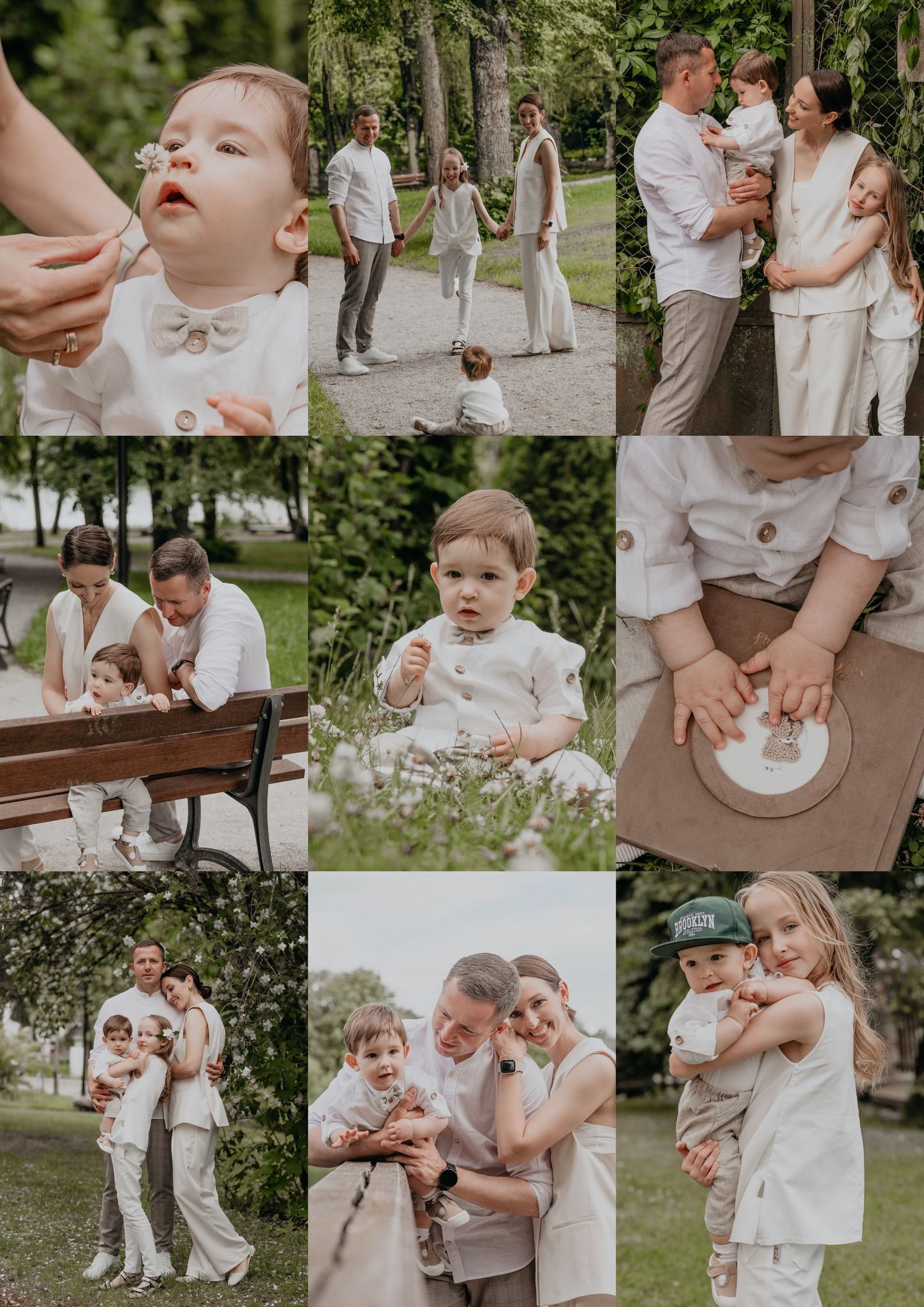 A joyful family photo collage featuring parents with a toddler in white outfits, enjoying a sunny day in a lush green park.