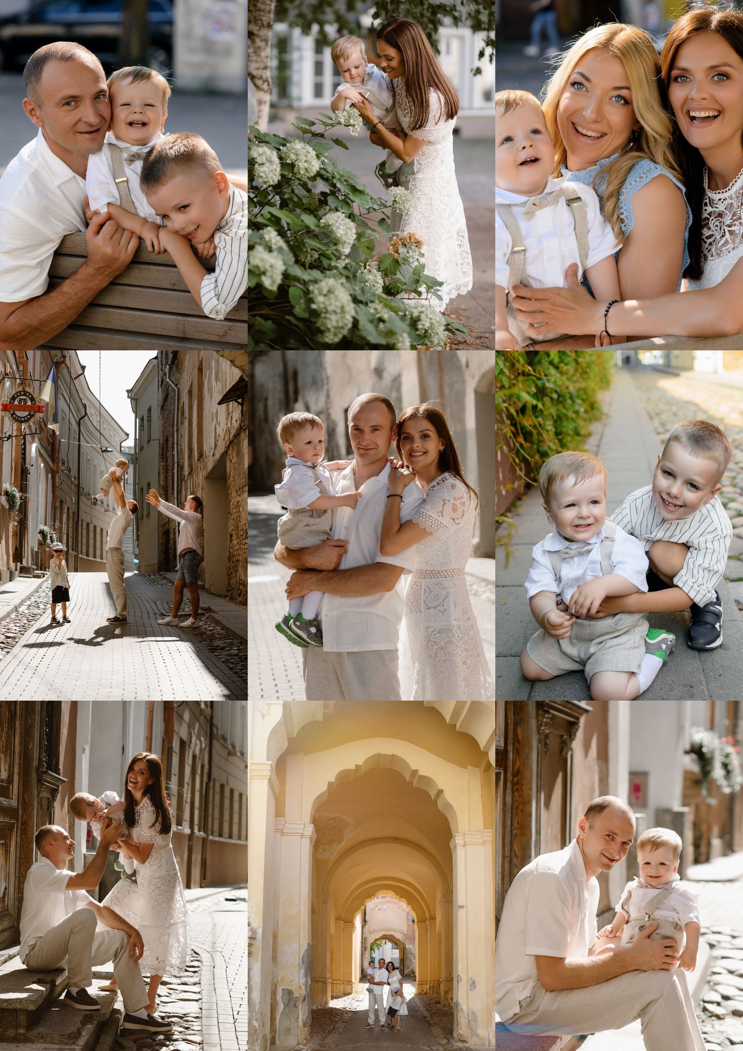 Family photo collage featuring parents with young children posing in a charming European old town setting.
