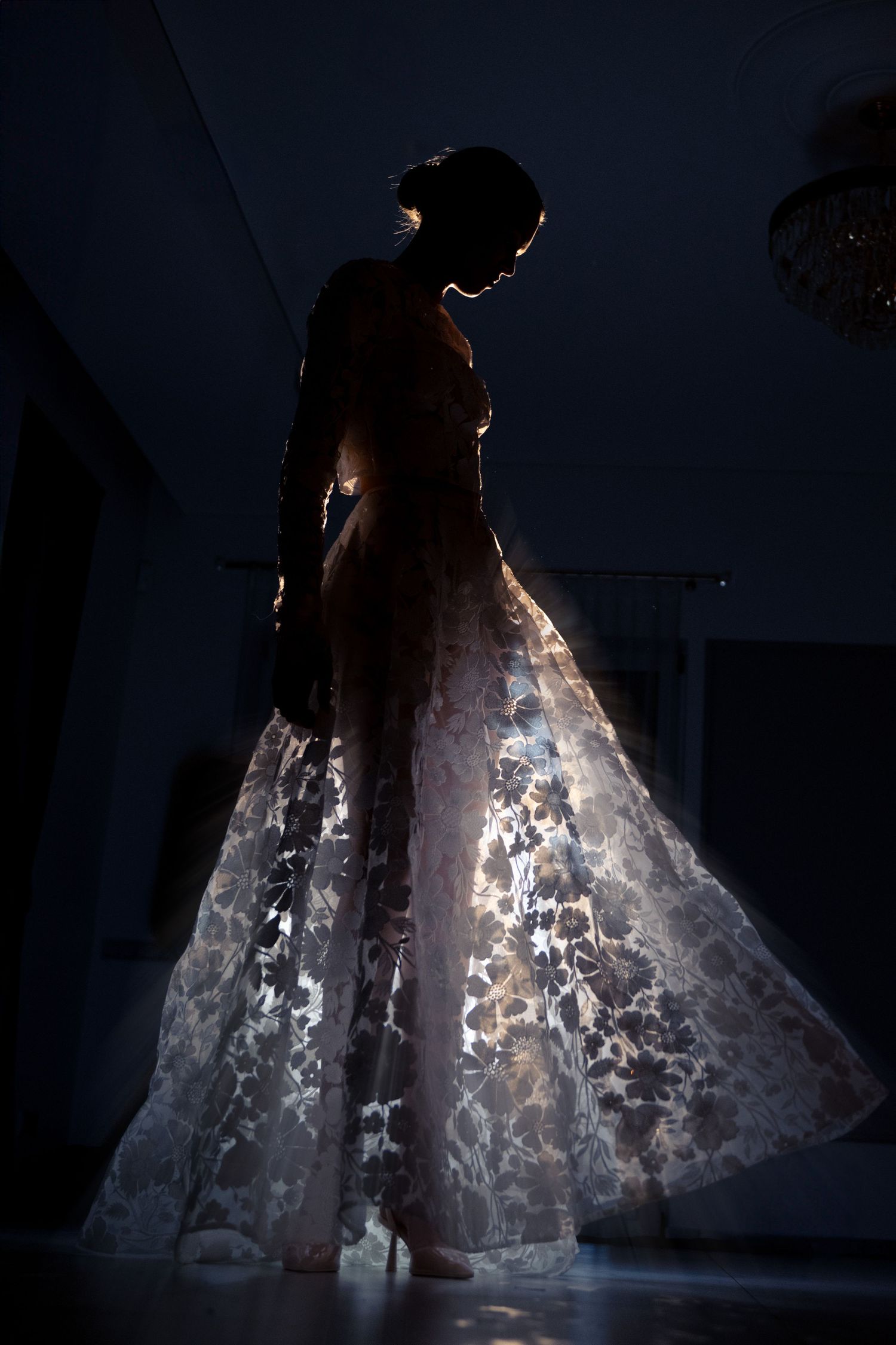 Silhouette of a woman in an elegant floral ballgown illuminated by dramatic backlighting in a dark room.