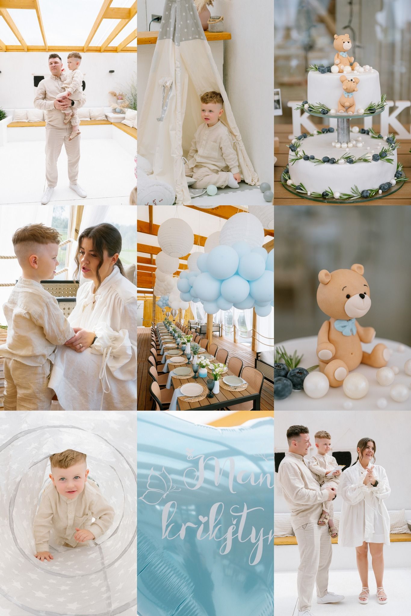 A soft blue and white baptism celebration collage featuring a teddy bear cake, balloon decor, family portraits, and elegant table settings.