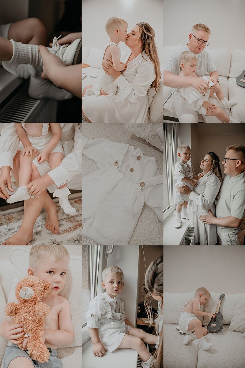 A collection of soft, muted lifestyle photos showing tender moments between parent and baby in neutral tones.