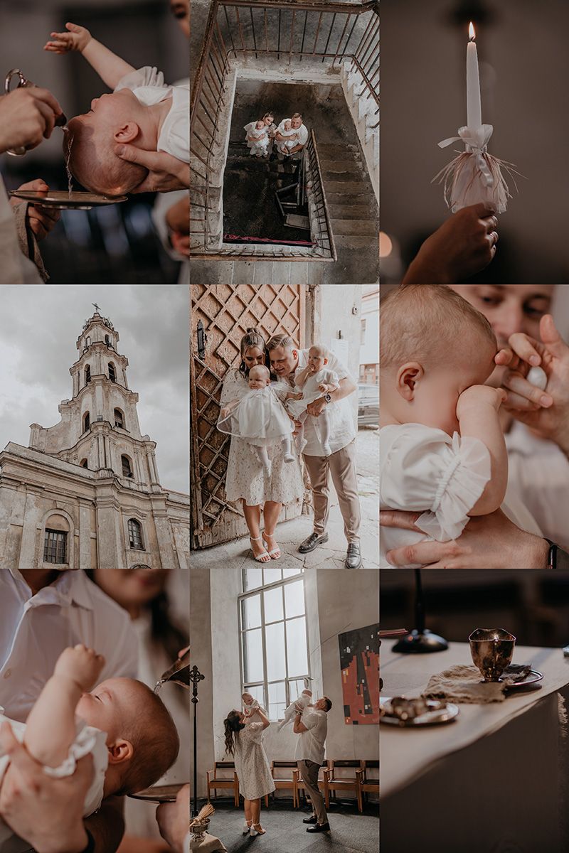 A romantic wedding photo collage featuring intimate moments, church architecture, and candlelit details in muted tones.