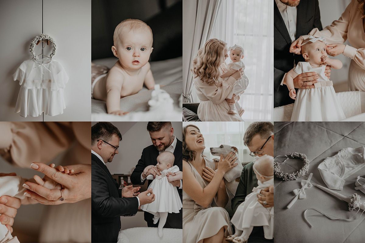 A collection of soft, neutral-toned lifestyle photos showing intimate family moments and delicate details.