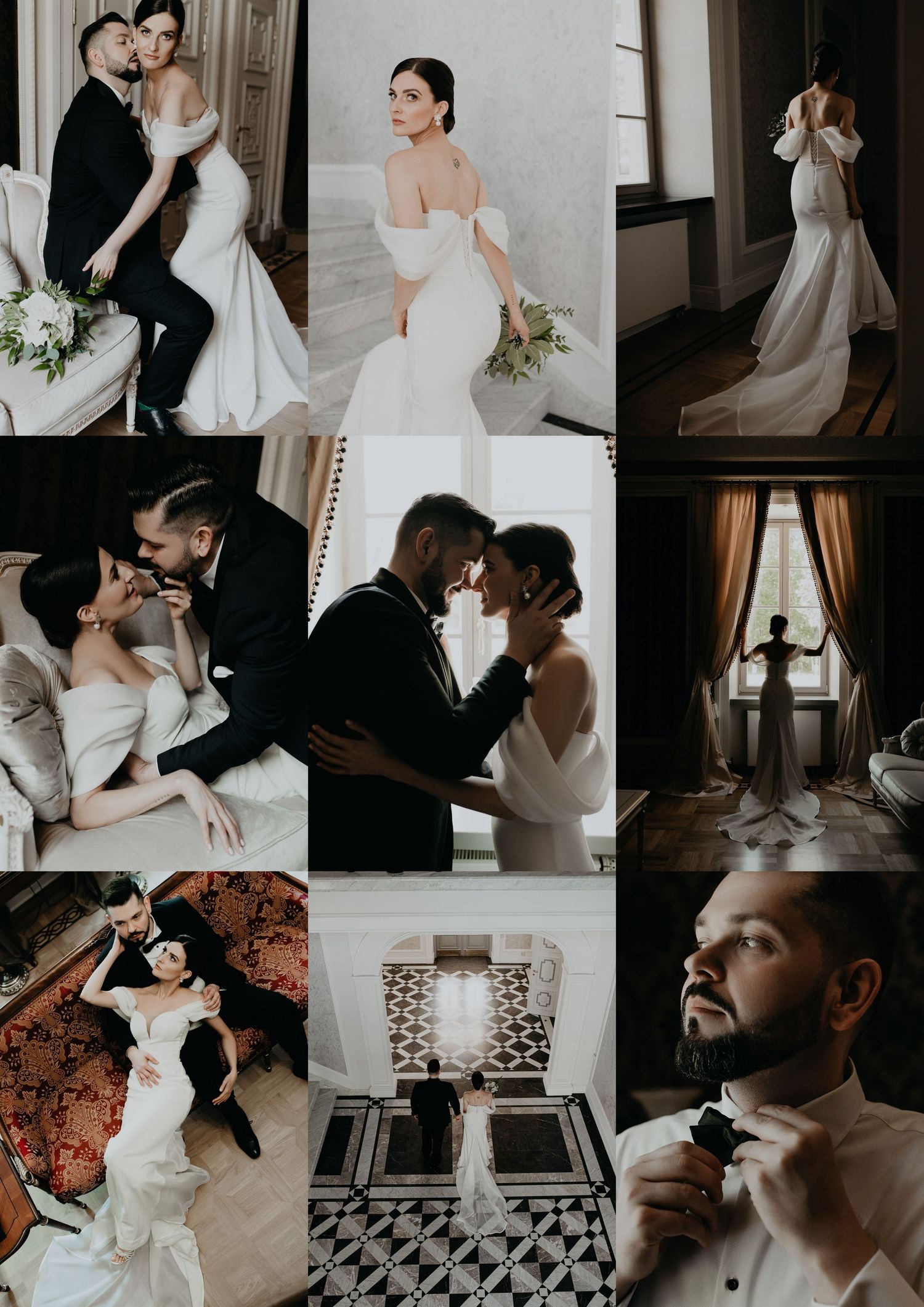 A romantic wedding photo collage featuring a bride in a white gown and groom in a black tuxedo posing in elegant indoor settings.