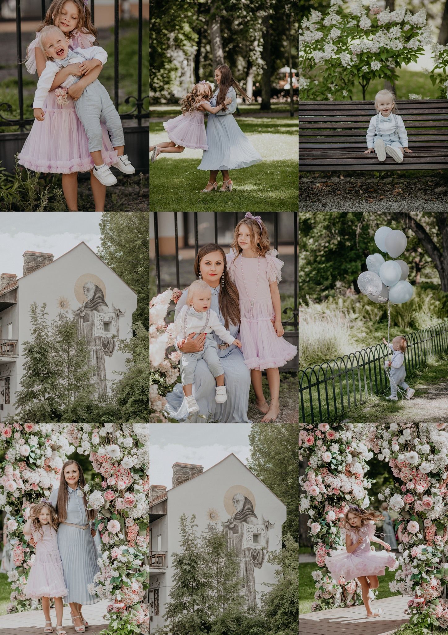 A collage of children and a mother posing outdoors among blooming flowers and greenery in soft pink and blue outfits.