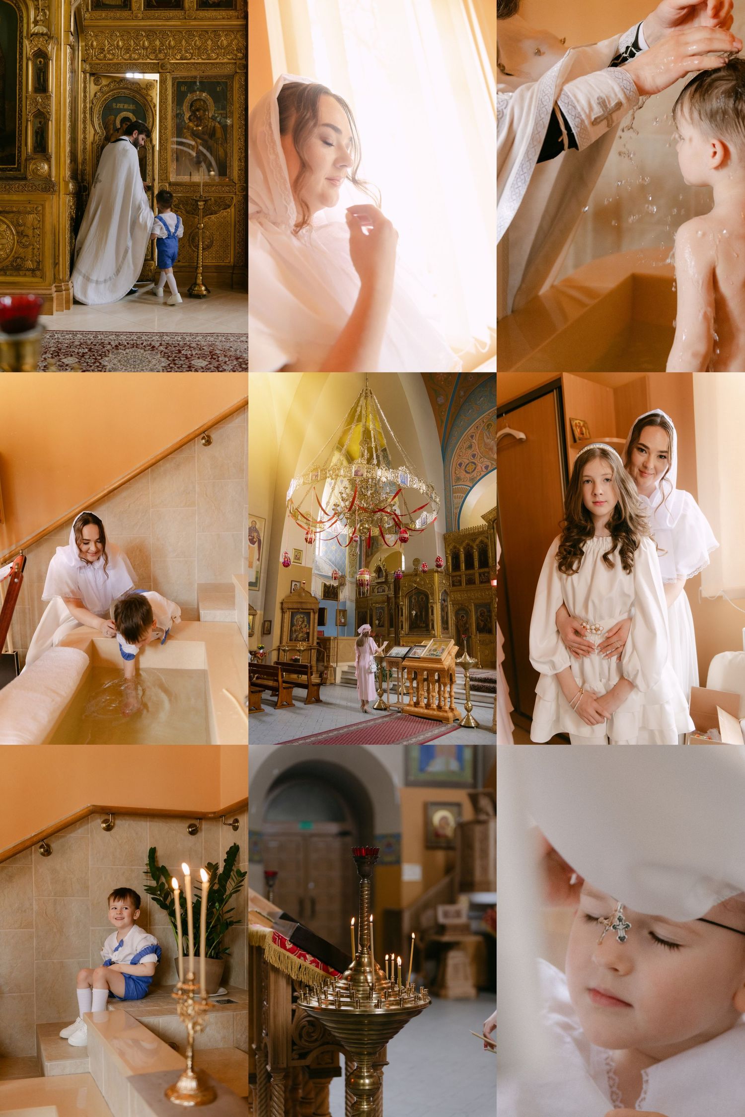 Orthodox Christian baptism ceremony collage featuring woman and child in white robes inside a golden church.