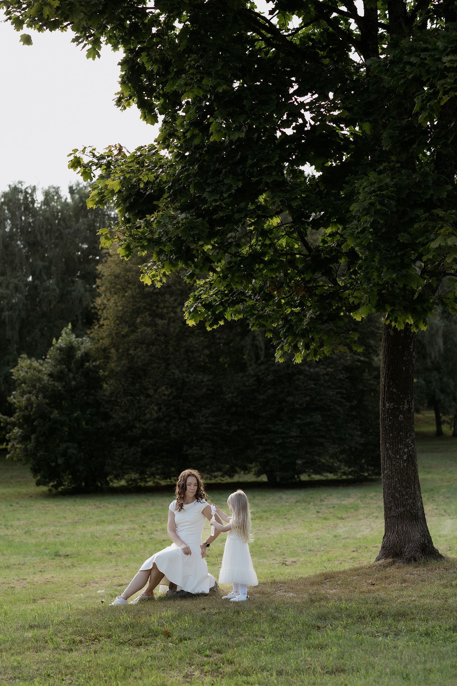 Three dreamy outdoor photos show figures in white dresses sitting beneath large trees in a serene meadow setting.
