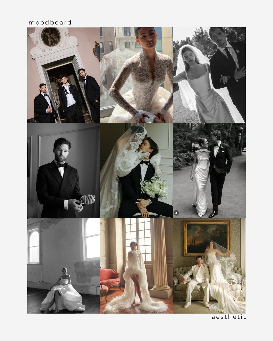 Wedding photo collage showing romantic moments between couples in formal attire, featuring dress details and intimate poses.
