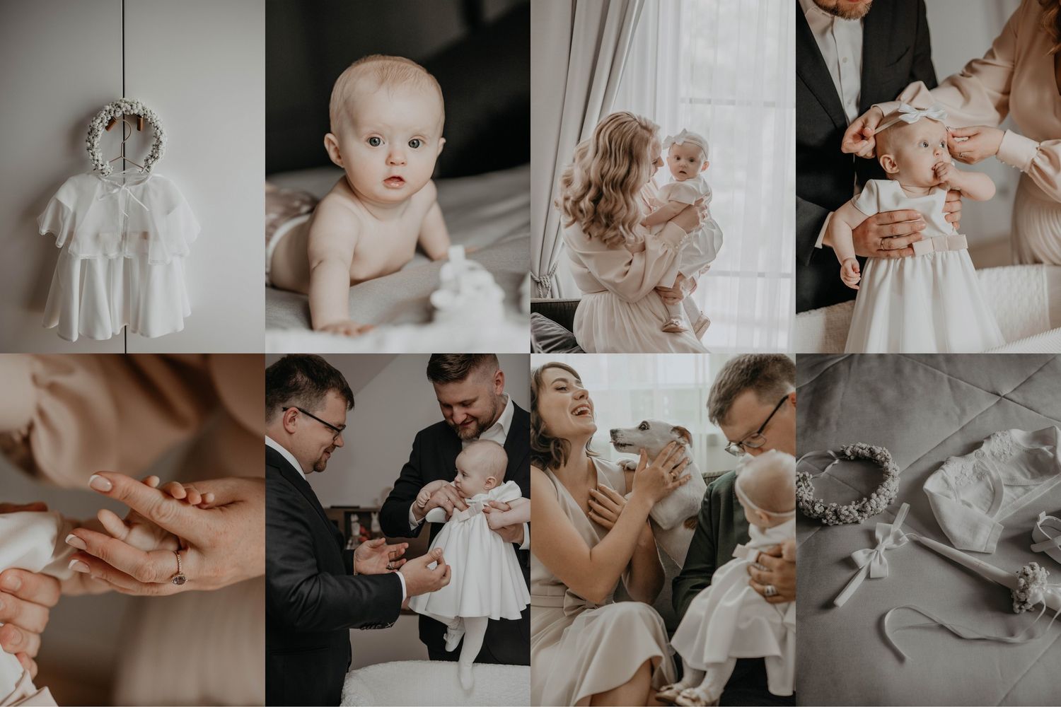 Elegant baptism photo collage featuring a baby in white christening dress with family portraits and ceremony details.