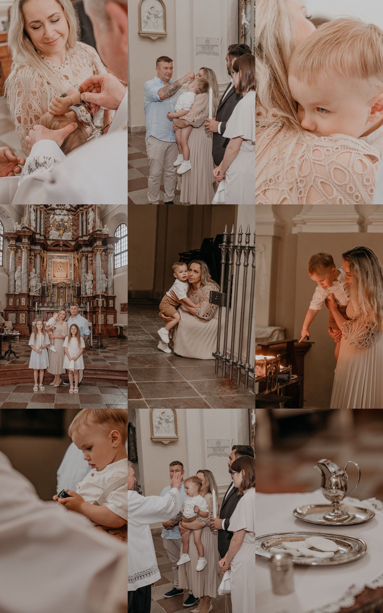 Family christening ceremony collage featuring parents, toddlers, and church interior with ornate altar in soft neutral tones.