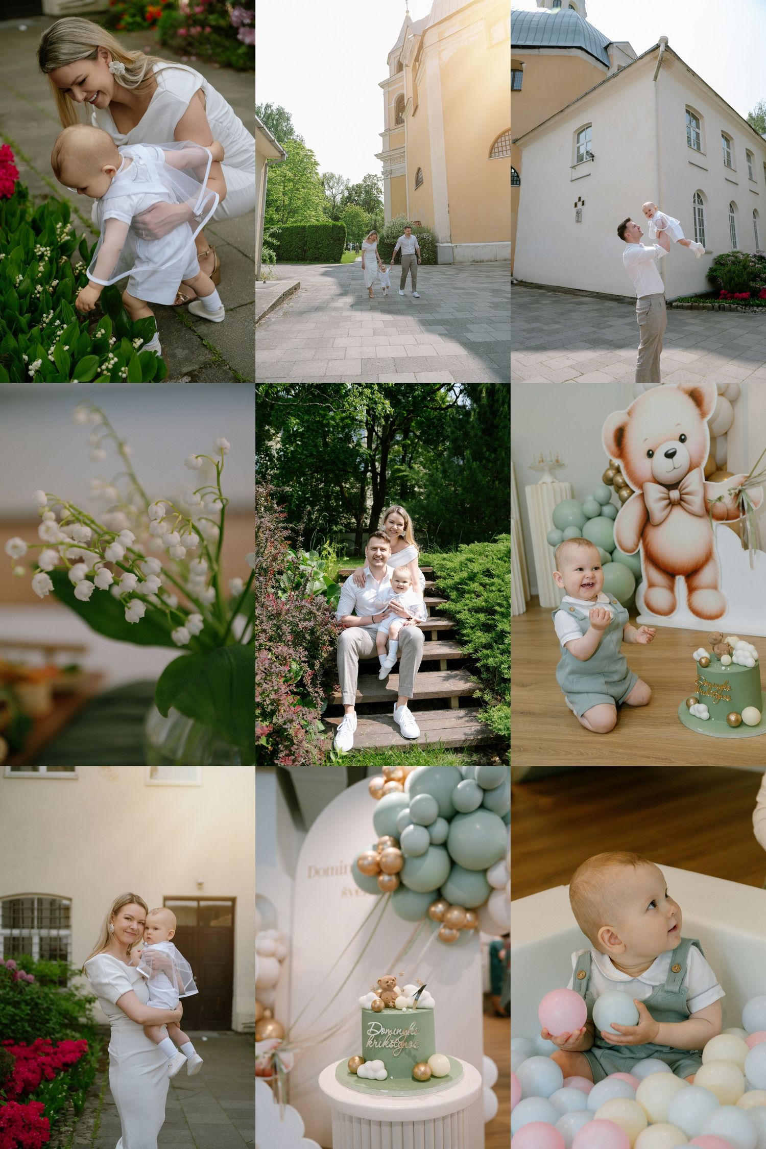 A joyful family photo collage featuring a baby's christening celebration with teddy bear decorations, balloons, and outdoor portraits.