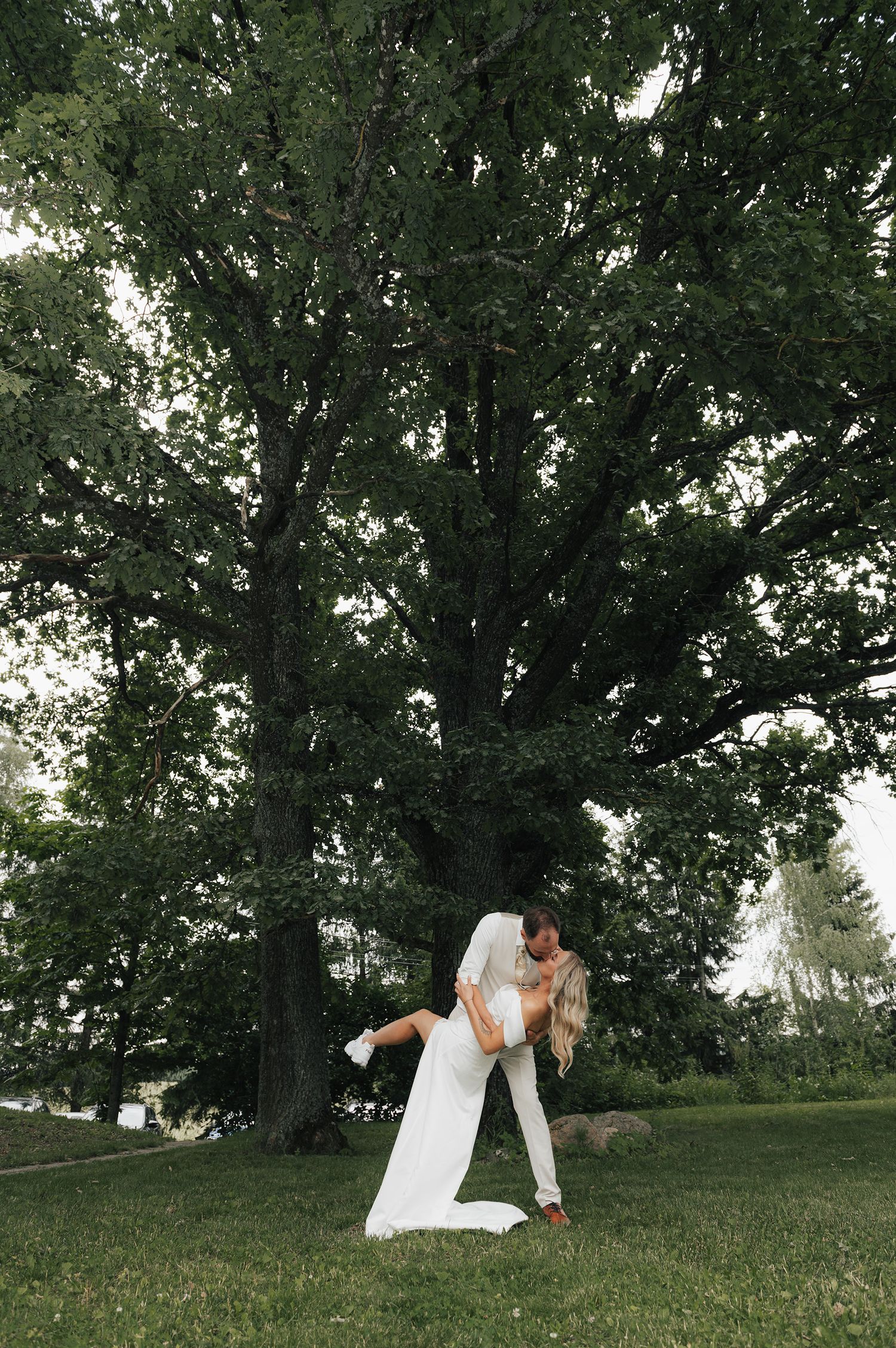 A romantic outdoor wedding photo showing a couple in an intimate dip pose under a majestic tree on a grassy lawn.