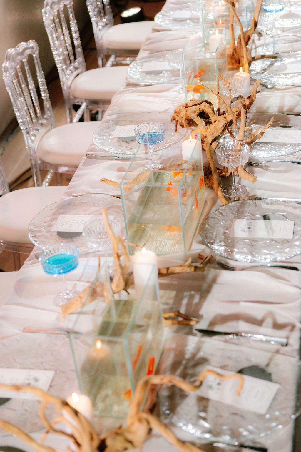 Elegant banquet table with clear glass plates, driftwood centerpieces, goldfish tanks, candles and clear acrylic chairs.